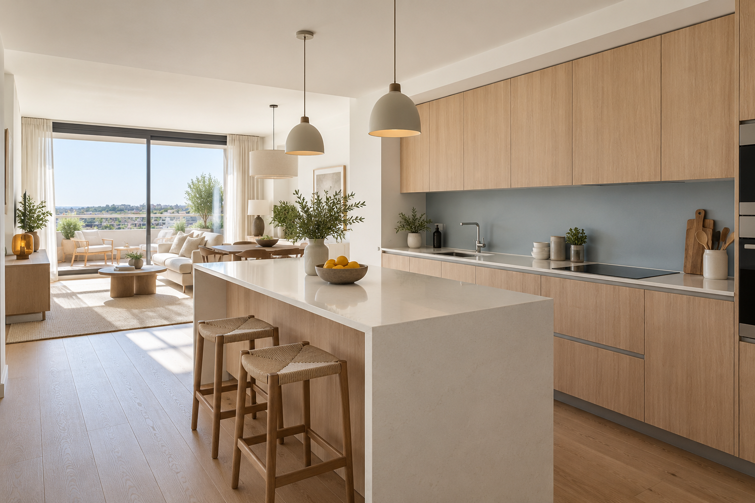 Cocina abierta del ático ficticio en Valdebebas