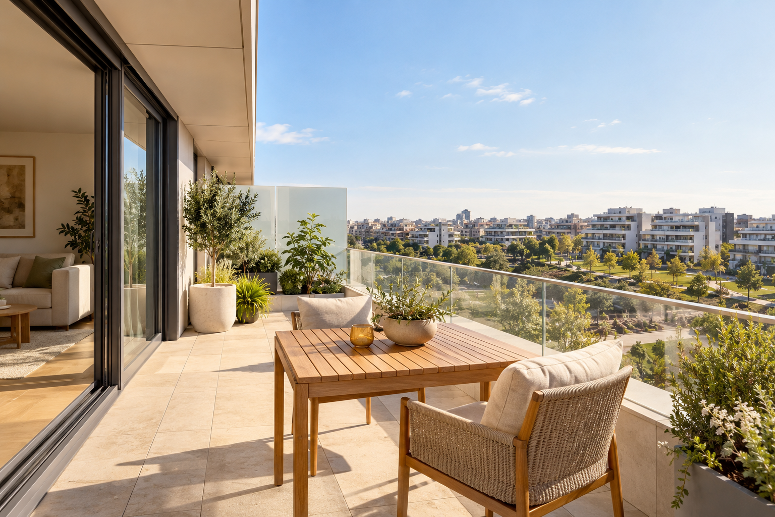 Terraza sur del ático ficticio con vistas residenciales de Madrid